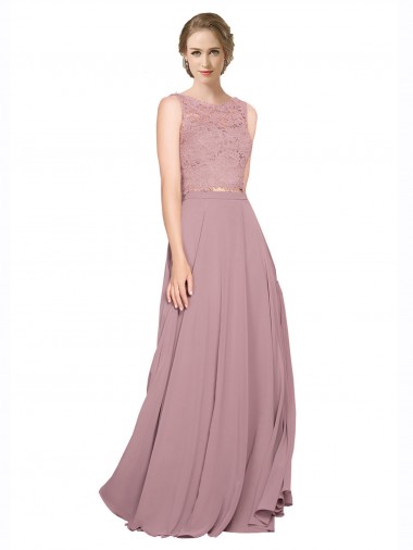 Erschwingliche A-Linien Illusion Ausschnitt Chiffon Spitze Lange Brautjungfernkleider / Abiballkleider