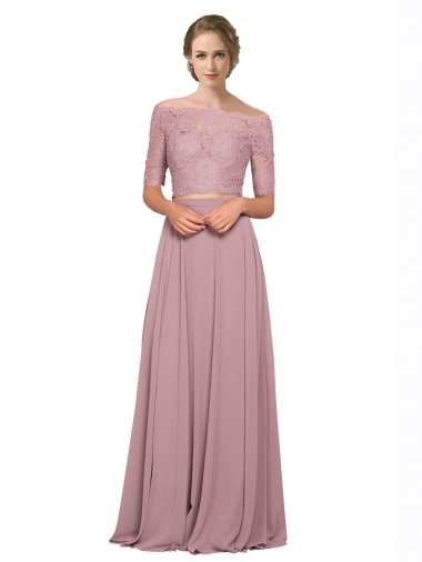Erschwingliche A-Linien Off-Schulter Chiffon Spitze Lange Brautjungfernkleider / Abiballkleider