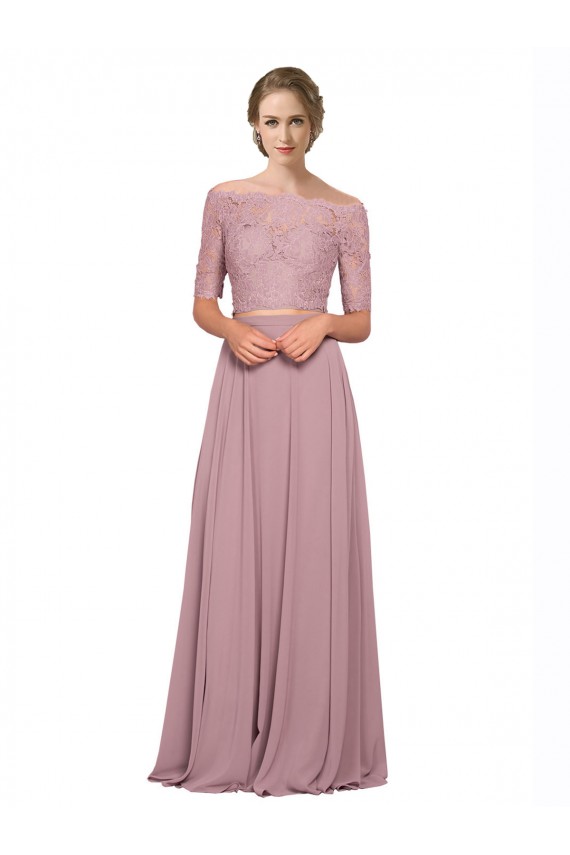 Erschwingliche A-Linien Off-Schulter Chiffon Spitze Lange Brautjungfernkleider / Abiballkleider