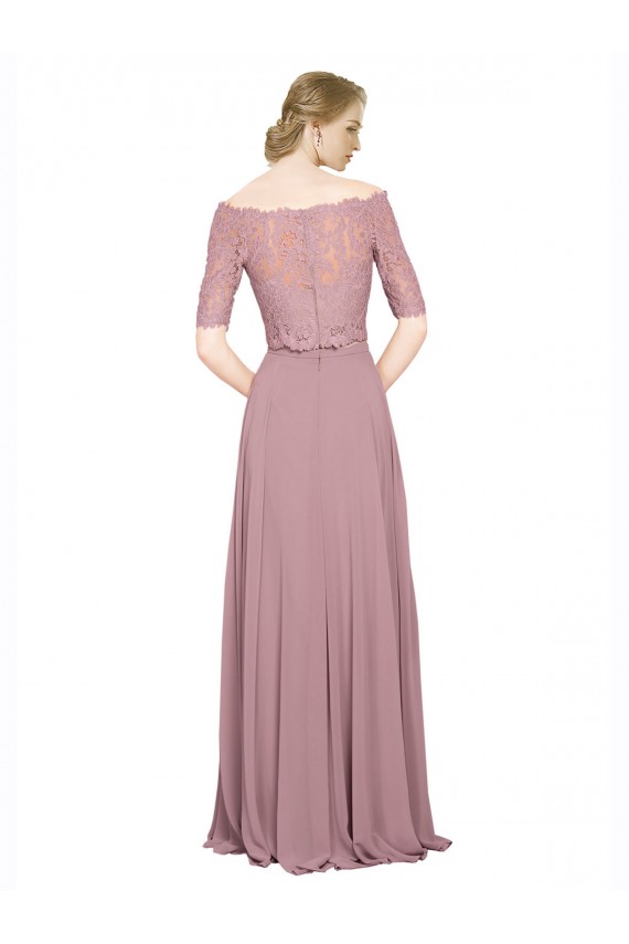 Erschwingliche A-Linien Off-Schulter Chiffon Spitze Lange Brautjungfernkleider / Abiballkleider
