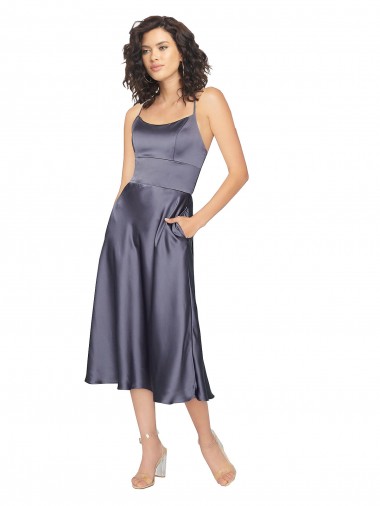 Erschwingliche A-Linien Scoop Midi Seidiger Satin Kurze Brautjungfernkleider / Abiballkleider / Cocktailkleider / Heimkehr Kleider