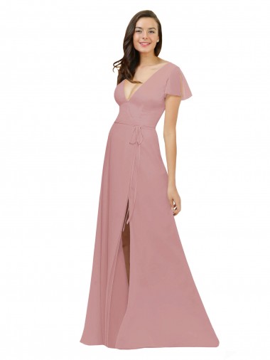 Erschwingliche Altrosa A-Linien V-Ausschnitt Chiffon Lange Brautjungfernkleider