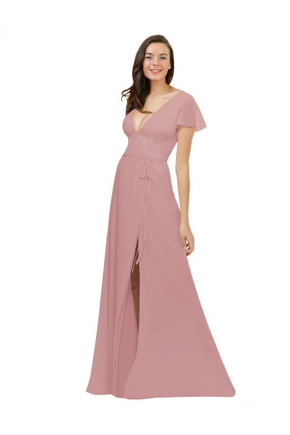 Erschwingliche Altrosa A-Linien V-Ausschnitt Chiffon Lange Brautjungfernkleider