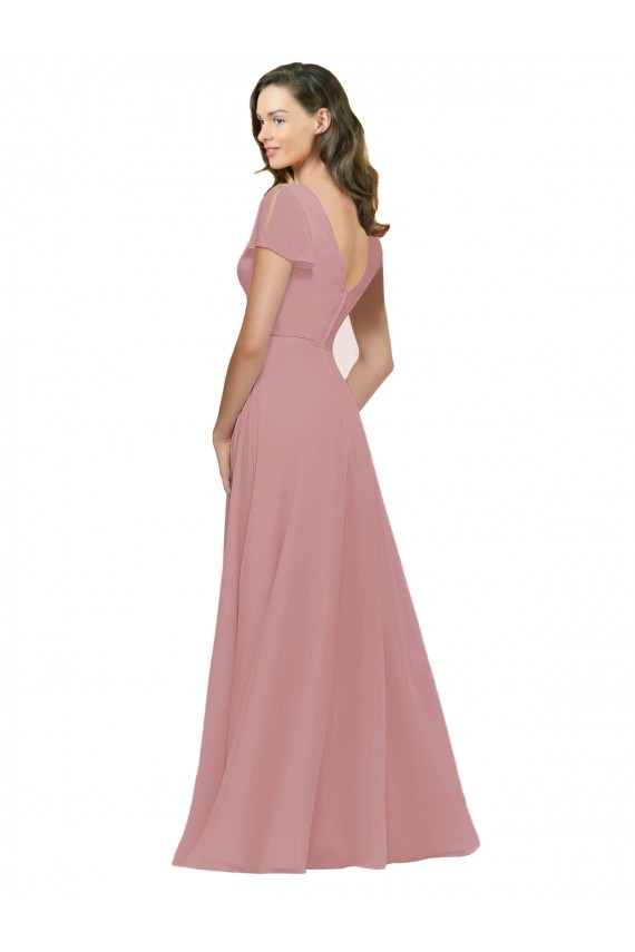 Erschwingliche Altrosa A-Linien V-Ausschnitt Chiffon Lange Brautjungfernkleider