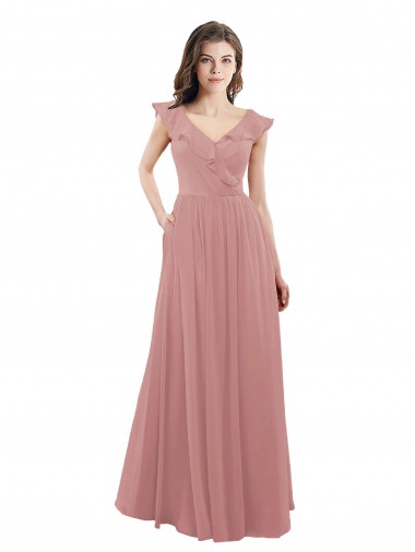 Erschwingliche Altrosa A-Linien V-Ausschnitt Chiffon Lange Brautjungfernkleider