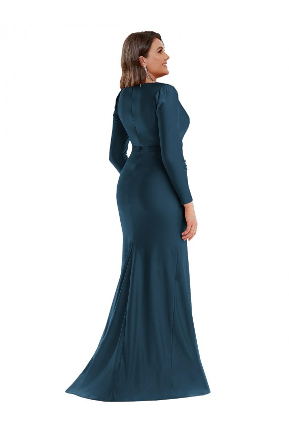 Erschwingliche Atlantikblau Meerjungfrau V-Ausschnitt Seidiger Satin Lange Formale Brautjungfernkleider / Abendkleider / Abiballkleider