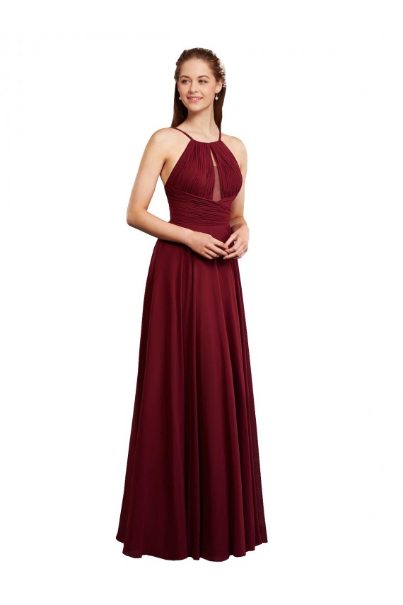 Erschwingliche Burgunderrot A-Linien Spaghetti-Träger Neckholder Chiffon Lange Brautjungfernkleider