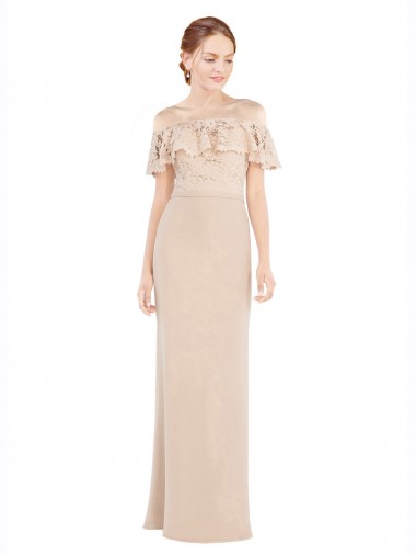Erschwingliche Champagner A-Linien Off-Schulter Chiffon Spitze Lange Brautjungfernkleider / Abiballkleider