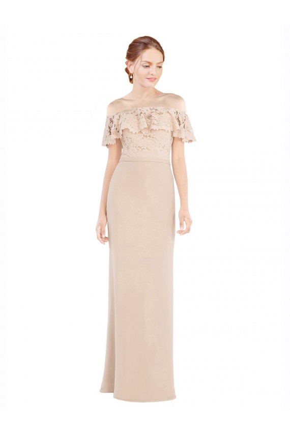 Erschwingliche Champagner A-Linien Off-Schulter Chiffon Spitze Lange Brautjungfernkleider / Abiballkleider