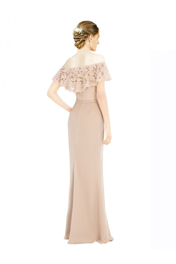 Erschwingliche Champagner A-Linien Off-Schulter Chiffon Spitze Lange Brautjungfernkleider / Abiballkleider