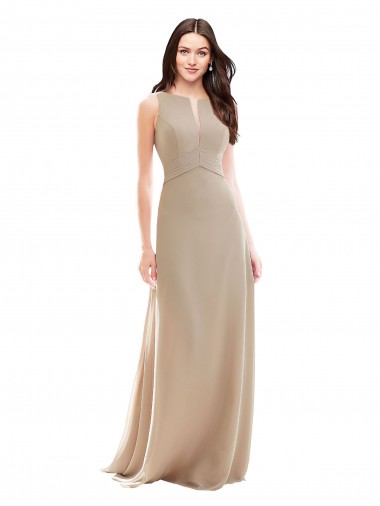 Erschwingliche Champagner A-Linien Stehkragen Ausschnitt Chiffon Lange Brautjungfernkleider