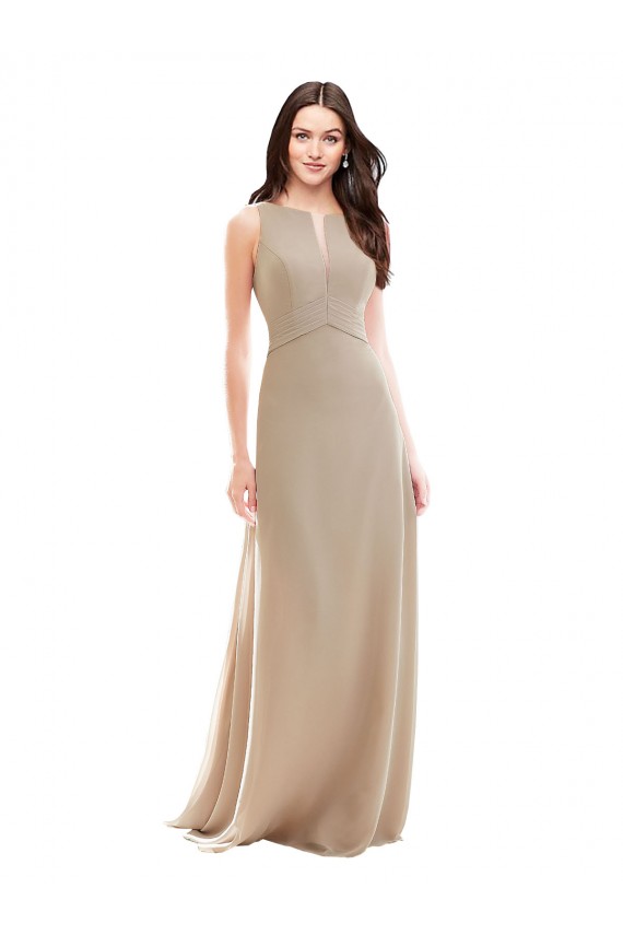 Erschwingliche Champagner A-Linien Stehkragen Ausschnitt Chiffon Lange Brautjungfernkleider