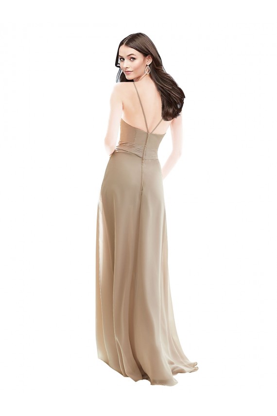 Erschwingliche Champagner A-Linien Stehkragen Ausschnitt Chiffon Lange Brautjungfernkleider