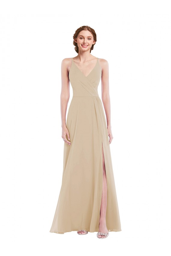 Erschwingliche Champagner A-Linien V-Ausschnitt Chiffon Lange Brautjungfernkleider