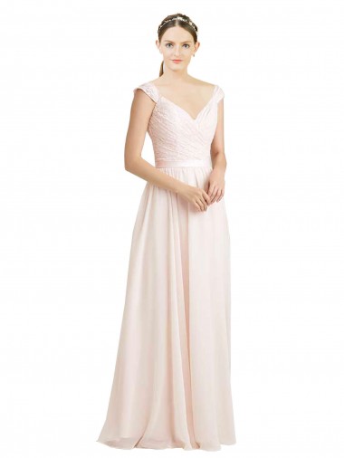 Erschwingliche Creme Rosa A-Linien Chiffon Spitze Lange Brautjungfernkleider