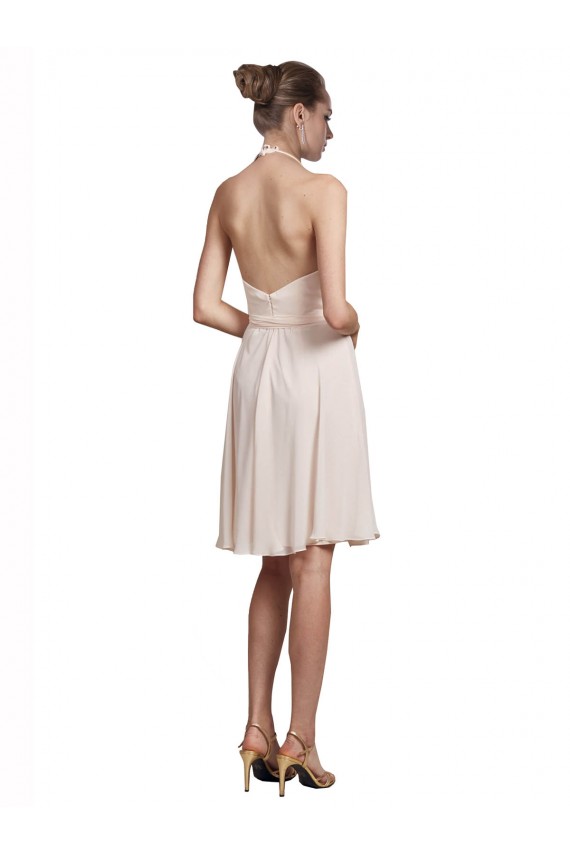 Erschwingliche Creme Rosa A-Linien Neckholder V-Ausschnitt Knielang Chiffon Kurze Brautjungfernkleider / Cocktailkleider / Heimkehr Kleider