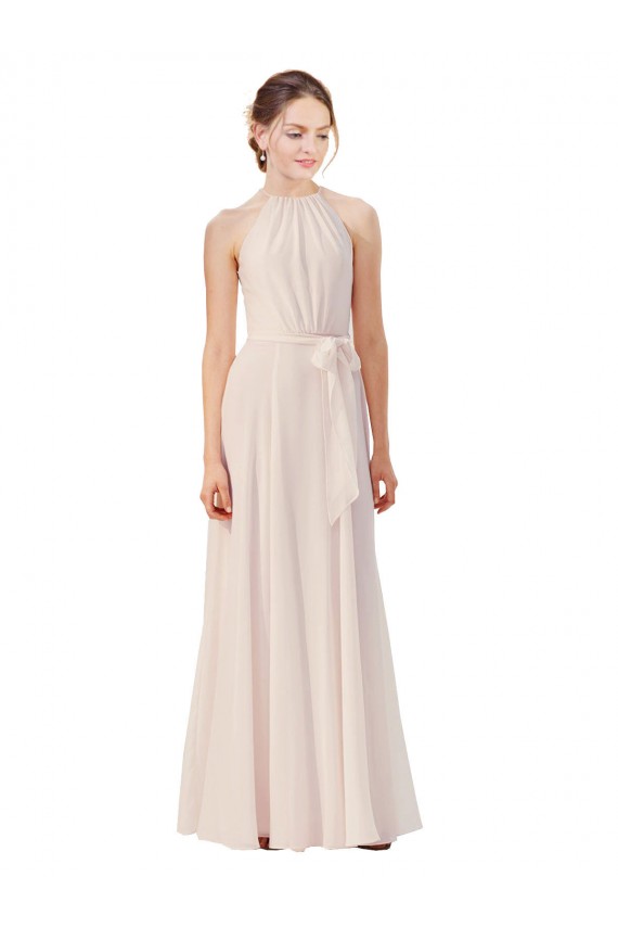 Erschwingliche Creme Rosa A-Linien Stehkragen Ausschnitt Chiffon Lange Brautjungfernkleider