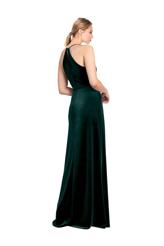Erschwingliche Dunkelgrün A-Linien Spaghetti-Träger Jewel Neck Stretch-Samt Lange Brautjungfernkleider / Abiballkleider