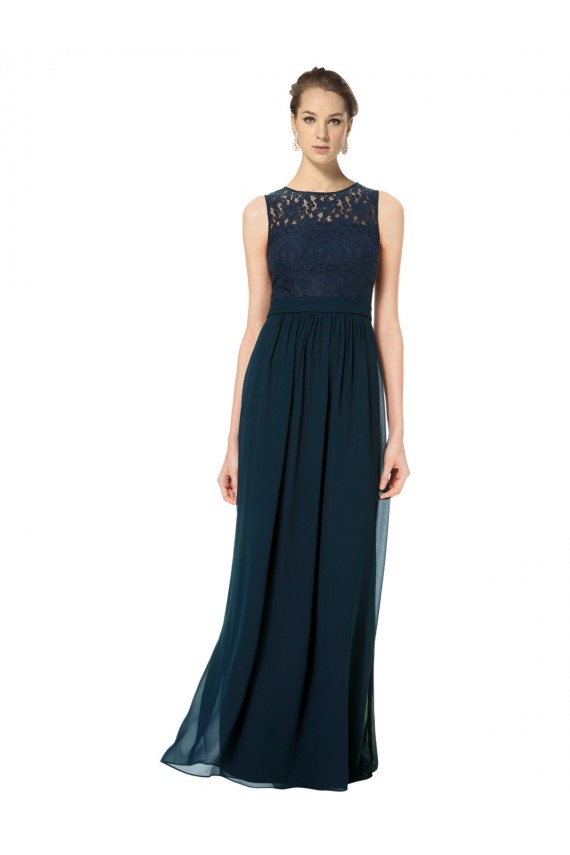 Erschwingliche Dunkelmarine A-Linien Illusion Ausschnitt Chiffon Spitze Lange Brautjungfernkleider