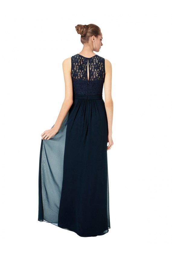 Erschwingliche Dunkelmarine A-Linien Illusion Ausschnitt Chiffon Spitze Lange Brautjungfernkleider