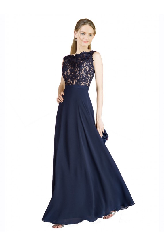 Erschwingliche Dunkelmarine A-Linien Illusion Ausschnitt Chiffon Spitze Lange Brautjungfernkleider / Abiballkleider