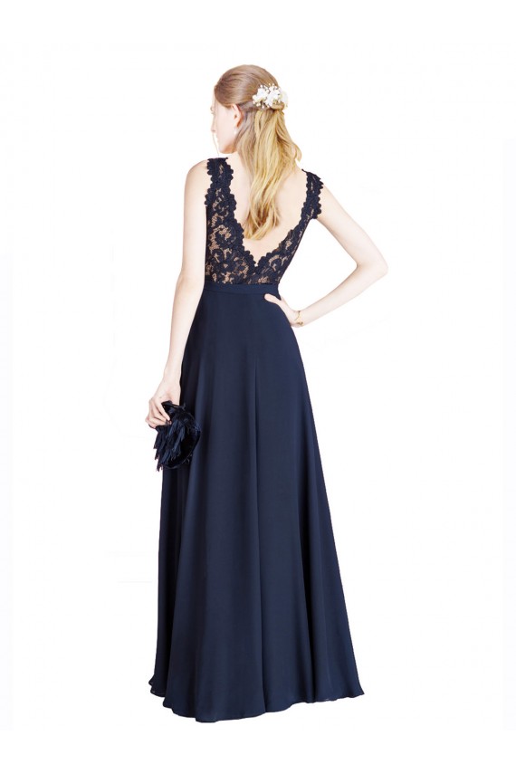 Erschwingliche Dunkelmarine A-Linien Illusion Ausschnitt Chiffon Spitze Lange Brautjungfernkleider / Abiballkleider
