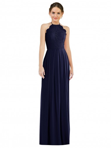 Erschwingliche Dunkelmarine A-Linien Neckholder Chiffon Lange Brautjungfernkleider