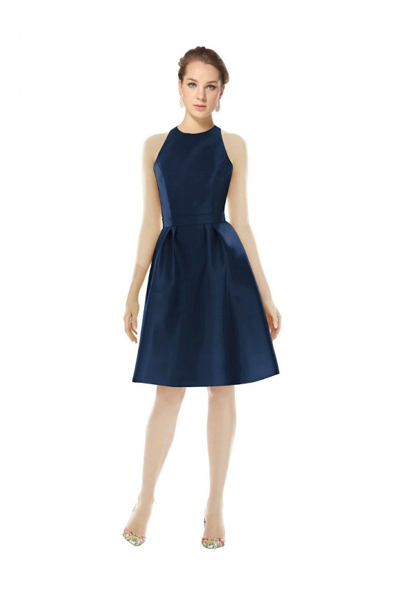 Erschwingliche Dunkelmarine A-Linien Neckholder Cocktail Satin Kurze Brautjungfernkleider / Cocktailkleider / Heimkehr Kleider