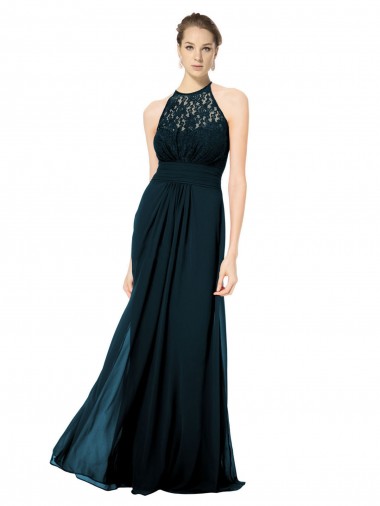 Erschwingliche Dunkelmarine A-Linien Neckholder Illusion Ausschnitt Chiffon Spitze Lange Brautjungfernkleider