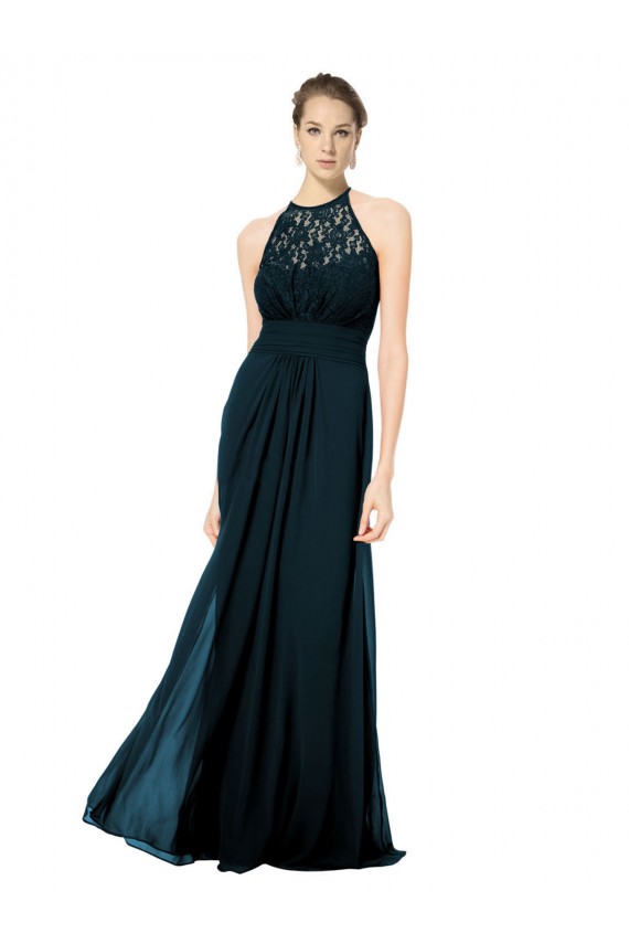 Erschwingliche Dunkelmarine A-Linien Neckholder Illusion Ausschnitt Chiffon Spitze Lange Brautjungfernkleider