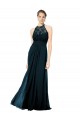 Erschwingliche Dunkelmarine A-Linien Neckholder Illusion Ausschnitt Chiffon Spitze Lange Brautjungfernkleider