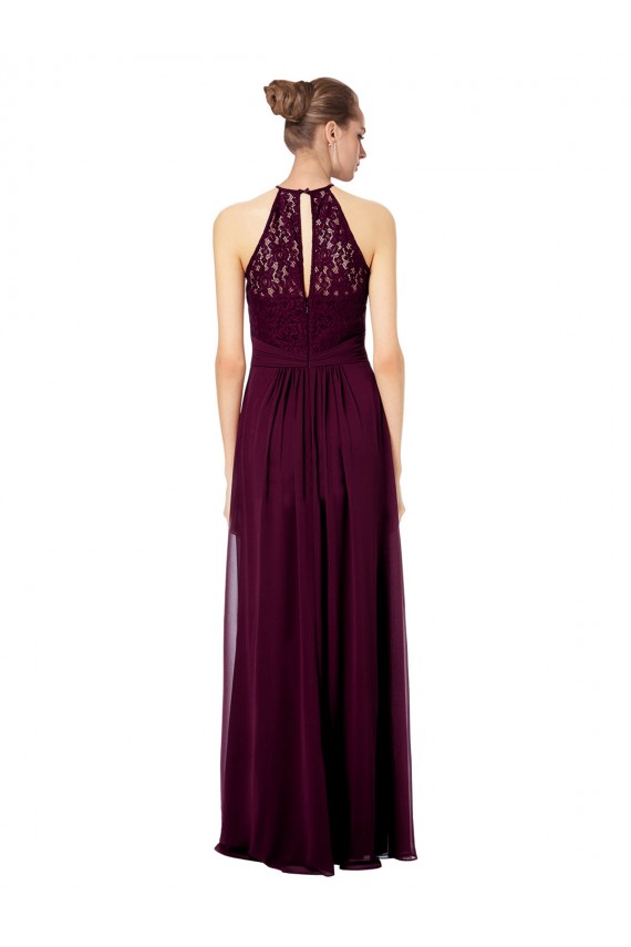 Erschwingliche Dunkelmarine A-Linien Neckholder Illusion Ausschnitt Chiffon Spitze Lange Brautjungfernkleider