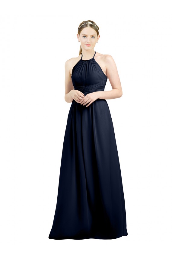 Erschwingliche Dunkelmarine A-Linien Neckholder Stehkragen Ausschnitt Chiffon Lange Brautjungfernkleider