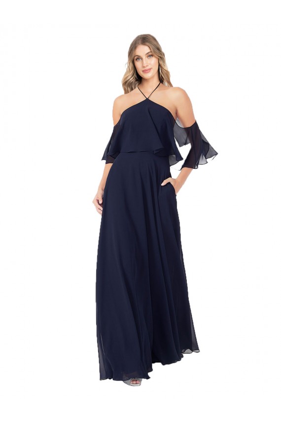 Erschwingliche Dunkelmarine A-Linien Neckholder Stehkragen Ausschnitt Chiffon Lange Brautjungfernkleider