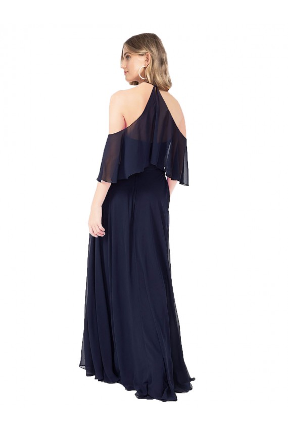 Erschwingliche Dunkelmarine A-Linien Neckholder Stehkragen Ausschnitt Chiffon Lange Brautjungfernkleider