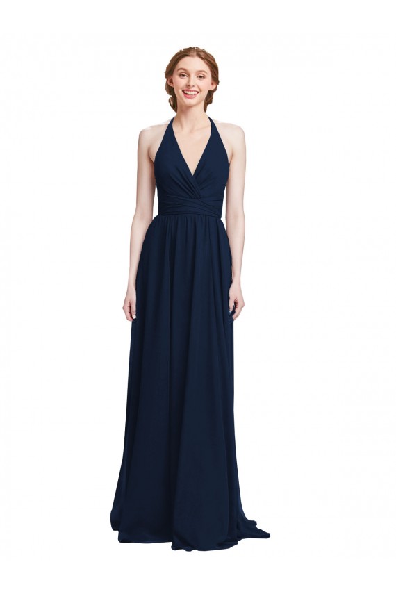 Erschwingliche Dunkelmarine A-Linien Neckholder V-Ausschnitt Chiffon Lange Brautjungfernkleider