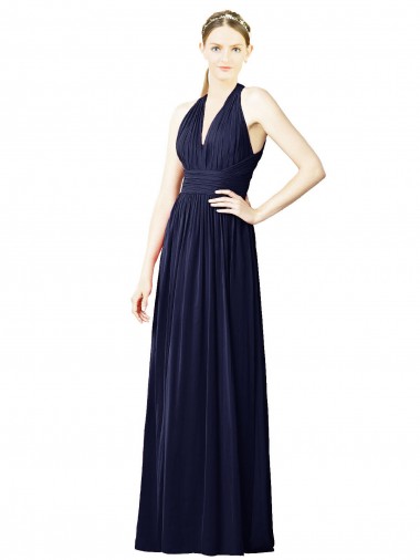 Erschwingliche Dunkelmarine A-Linien Neckholder V-Ausschnitt Chiffon Lange Brautjungfernkleider