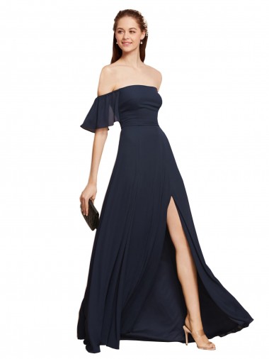 Erschwingliche Dunkelmarine A-Linien Off-Schulter Chiffon Lange Brautjungfernkleider / Abiballkleider