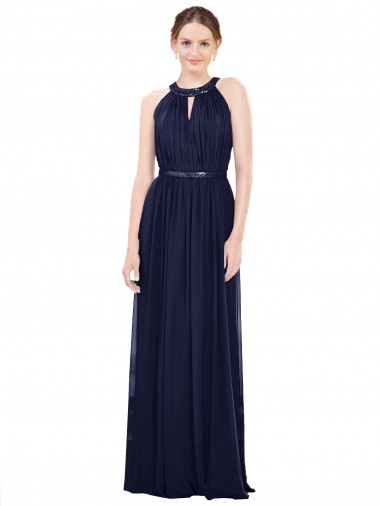 Erschwingliche Dunkelmarine A-Linien Stehkragen Ausschnitt Chiffon Lange Brautjungfernkleider
