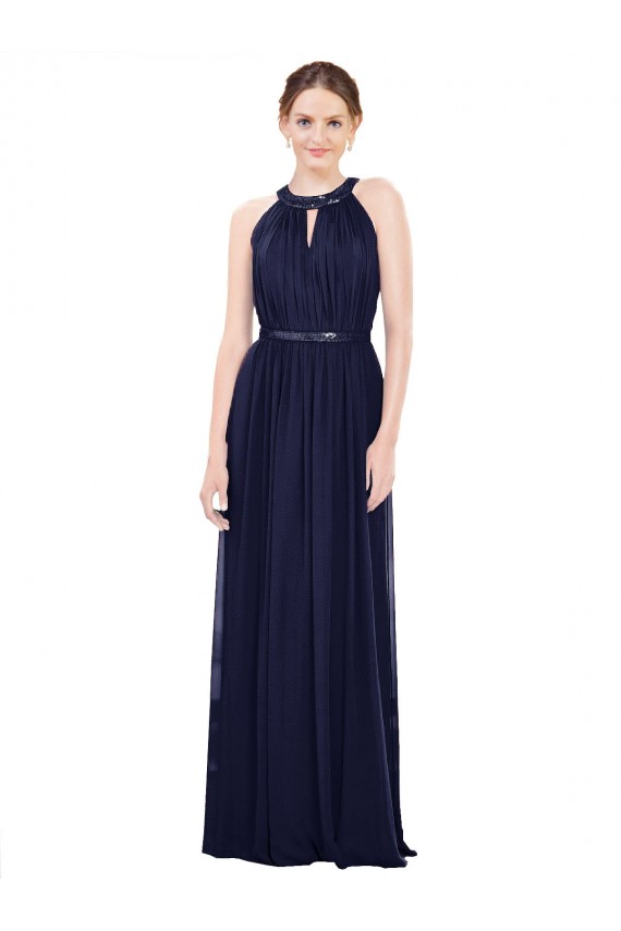 Erschwingliche Dunkelmarine A-Linien Stehkragen Ausschnitt Chiffon Lange Brautjungfernkleider