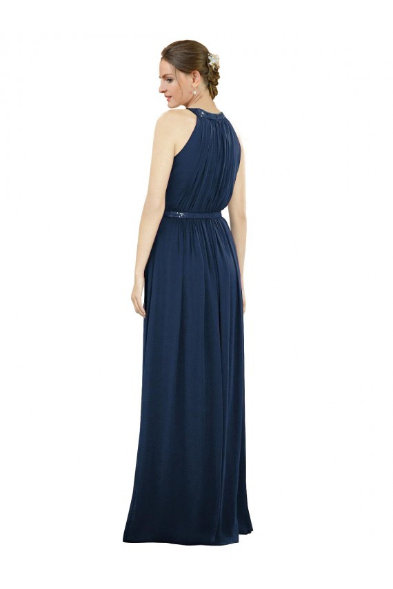 Erschwingliche Dunkelmarine A-Linien Stehkragen Ausschnitt Chiffon Lange Brautjungfernkleider