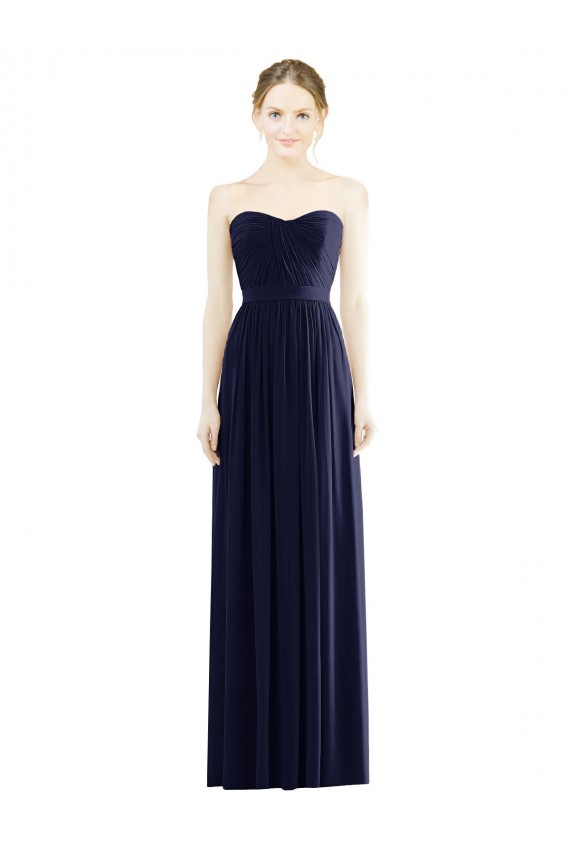 Erschwingliche Dunkelmarine A-Linien Trägerlos Chiffon Lange Formale Brautjungfernkleider / Abendkleider