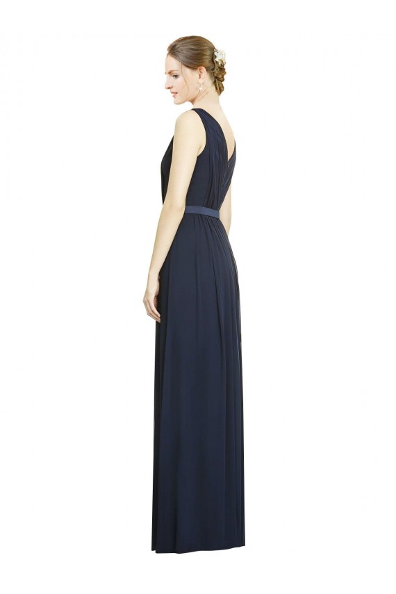 Erschwingliche Dunkelmarine A-Linien V-Ausschnitt Chiffon Lange Brautjungfernkleider