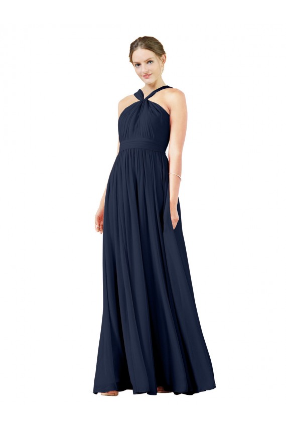 Erschwingliche Dunkelmarine A-Linien V-Ausschnitt Chiffon Lange Brautjungfernkleider