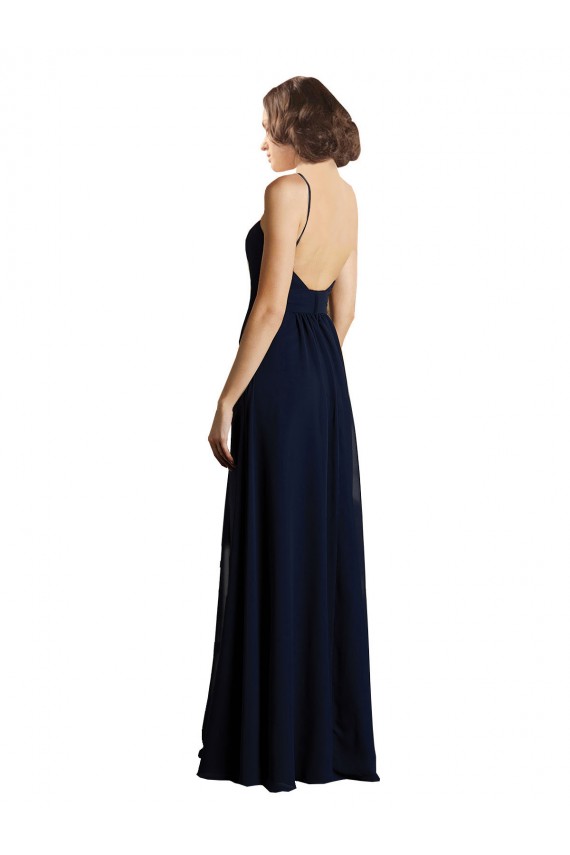 Erschwingliche Dunkelmarine A-Linien V-Ausschnitt Chiffon Lange Brautjungfernkleider