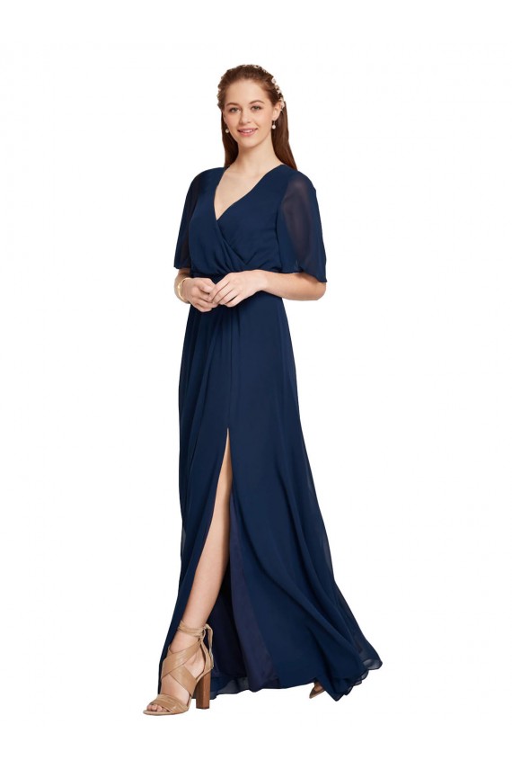 Erschwingliche Dunkelmarine A-Linien V-Ausschnitt Chiffon Lange Brautjungfernkleider