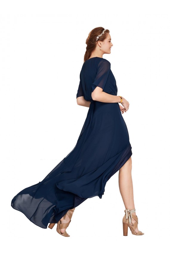 Erschwingliche Dunkelmarine A-Linien V-Ausschnitt Chiffon Lange Brautjungfernkleider