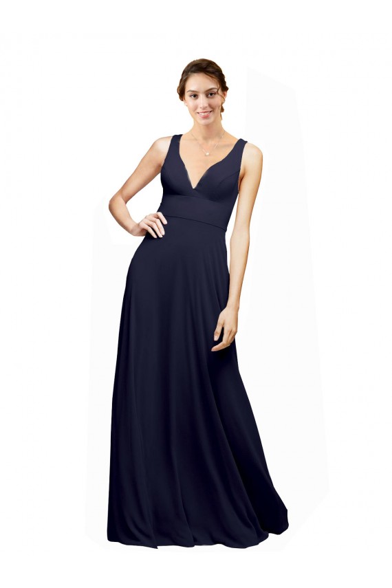 Erschwingliche Dunkelmarine A-Linien V-Ausschnitt Chiffon Lange Brautjungfernkleider
