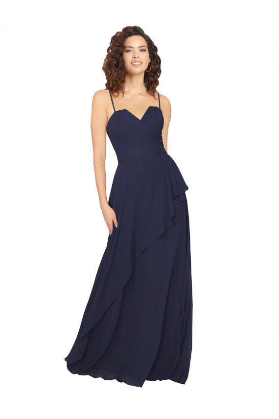 Erschwingliche Dunkelmarine A-Linien V-Ausschnitt Chiffon Lange Brautjungfernkleider