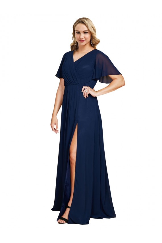 Erschwingliche Dunkelmarine A-Linien V-Ausschnitt Chiffon Lange Formale Brautjungfernkleider / Abendkleider / Abiballkleider